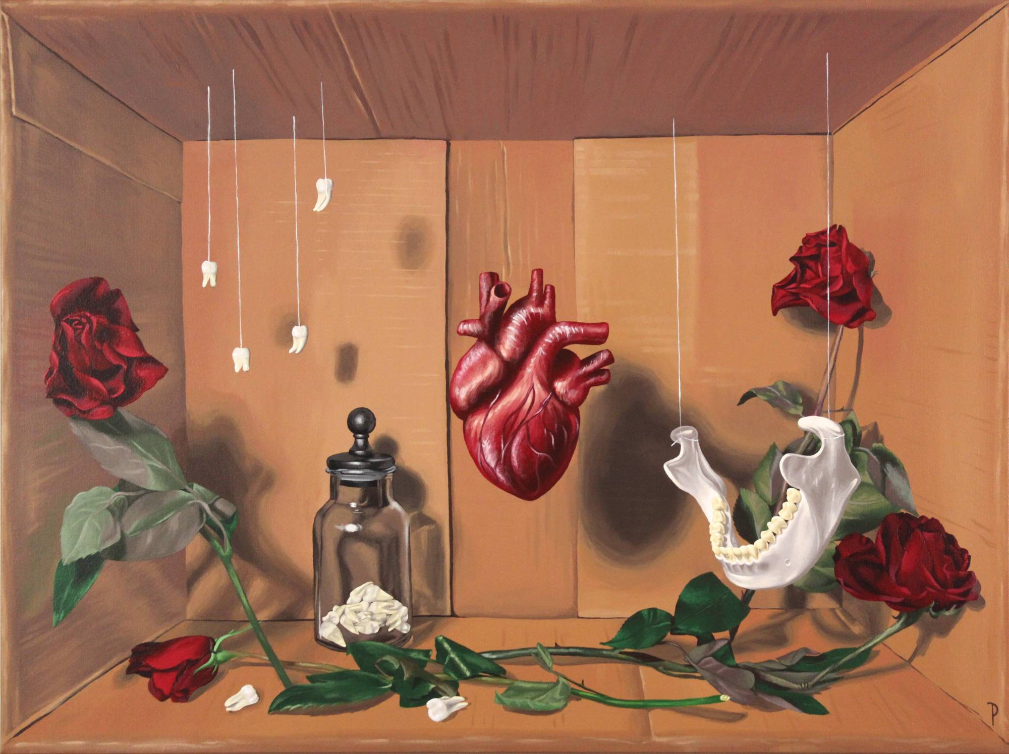 Painting of the interior of a box or crate with hanging roses, a anatomical heart, jaw bones and a glass bottle.
